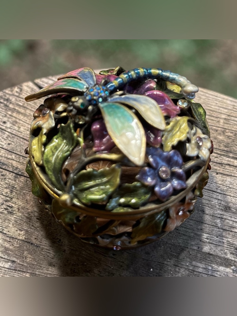 Vintage enamel monet dragonfly/floral trinket/pillbox